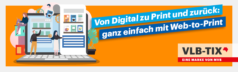 Grafik mit abstrakten Figuren die auf einem aufgeklapptem Laptop arbeiten und dem Slogan "Von digital zu Print und zurück: ganz einfach mit Web-to-Print"..