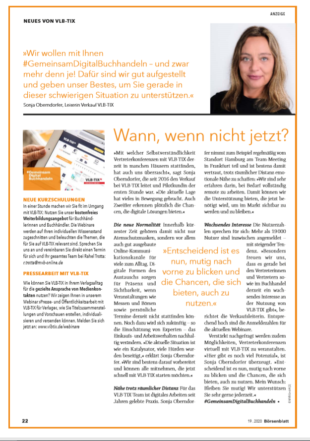 Börsenblatt-Artikel mit der Stimme von Sonja Oberndorfer und der Überschrift "Wann, wenn nicht jetzt?".