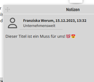 Die Notizfunktion-Funktion mit den sichtbaren Emojis im Text.