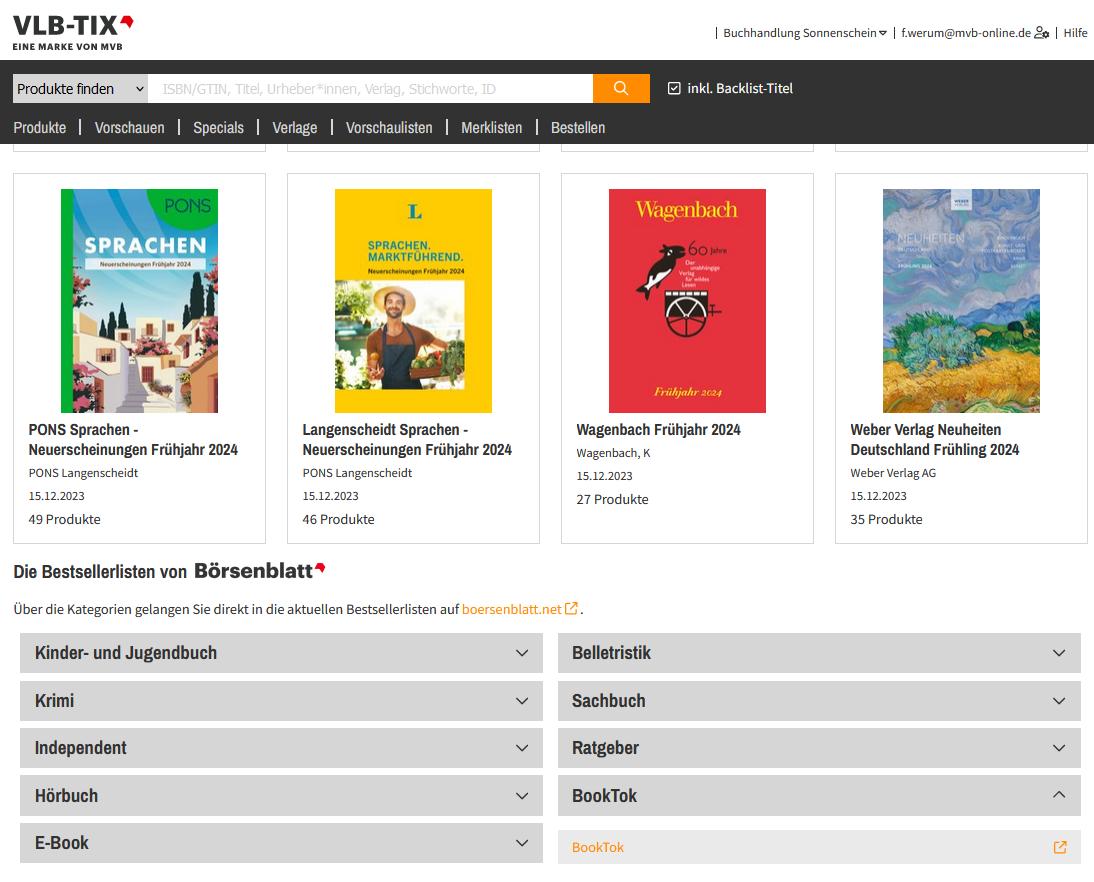 Die Bestsellerlisten des Börsenblatts auf der Startseite von vlbtix.de.
