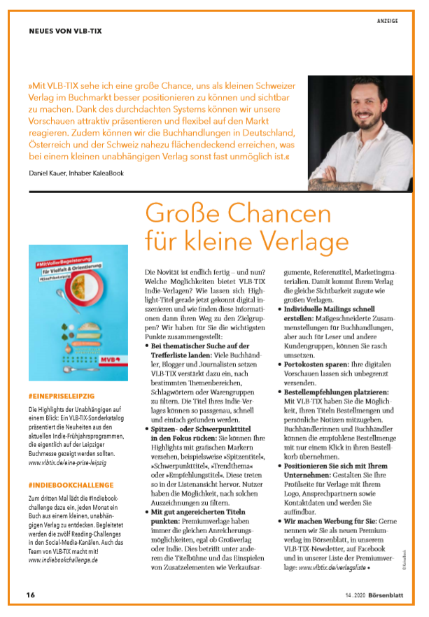 Börsenblatt-Artikel mit der Stimme von Daniel Kauer und der Überschrift "Große Chancen für kleine Verlage".