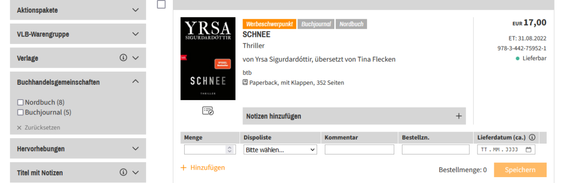 Filterauswahl mit der Möglichkeit zum Anzeigen der Buchhandelsgemeinschaft Nordbuch durch den entsprechenden Filter.