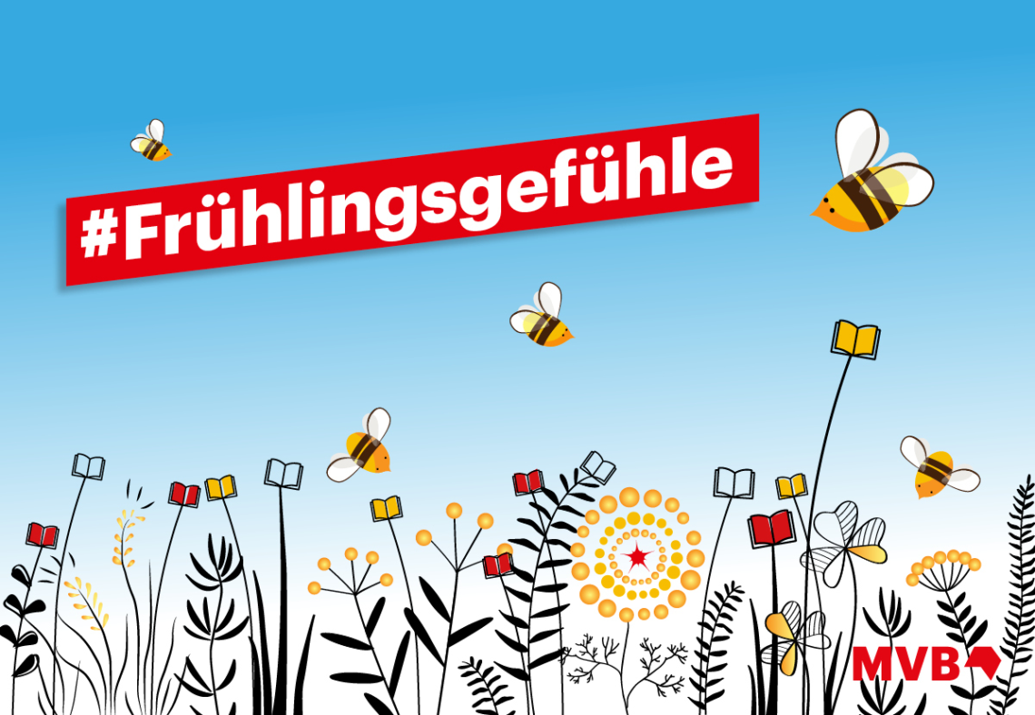 Grafische Blumenwiese mit Bienen und dem Slogan "#Frühlingsgefühle".