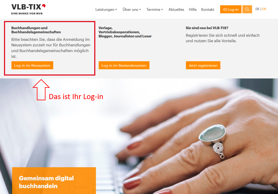 Der Login für Buchhandelsgemeinschaften hervorgehoben mit einem roten Kasten und Pfeil auf vlbtix.de.