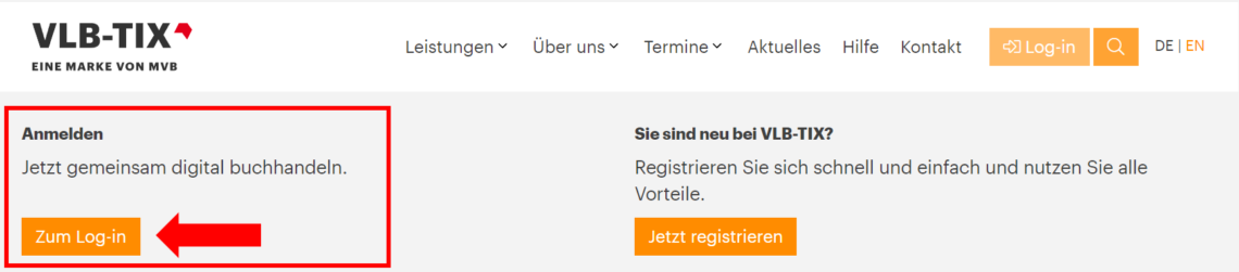 Der Login hervorgehoben mit Kasten und Pfeil auf vlbtix.de zum Start des Neusystems.