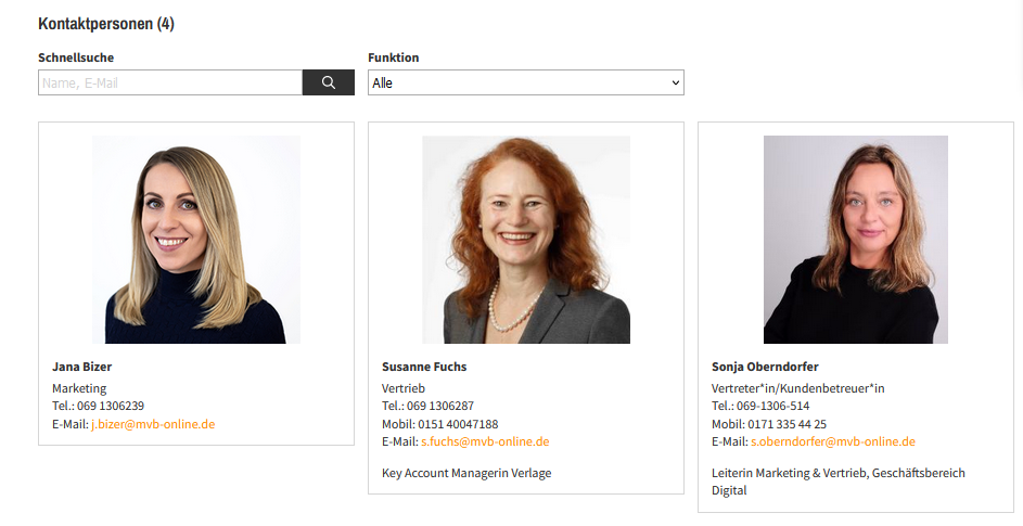 Screenshot der Kontaktpersonen Jana Bizer, Susanne Fuchs und Sonja Oberndorfer von MVB GmbH auf VLB-TIX.