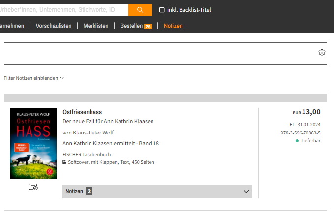 Screenshot der Notizübersicht an einem Titel auf VLB-TIX.