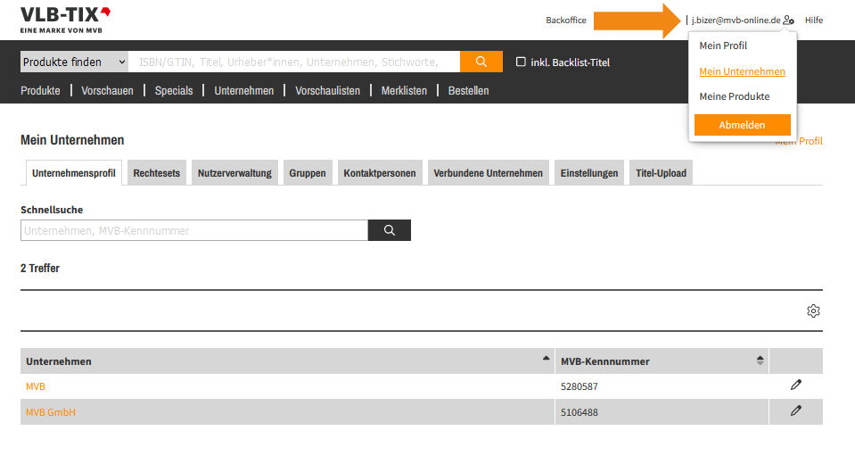 Screenshot des Profils nach Anklicken der E-Mail-Adresse auf VLB-TIX.