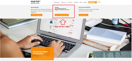 Screenshot des Logins auf vlbtix.de hervorgehoben durch einen Kasten und Pfeil.