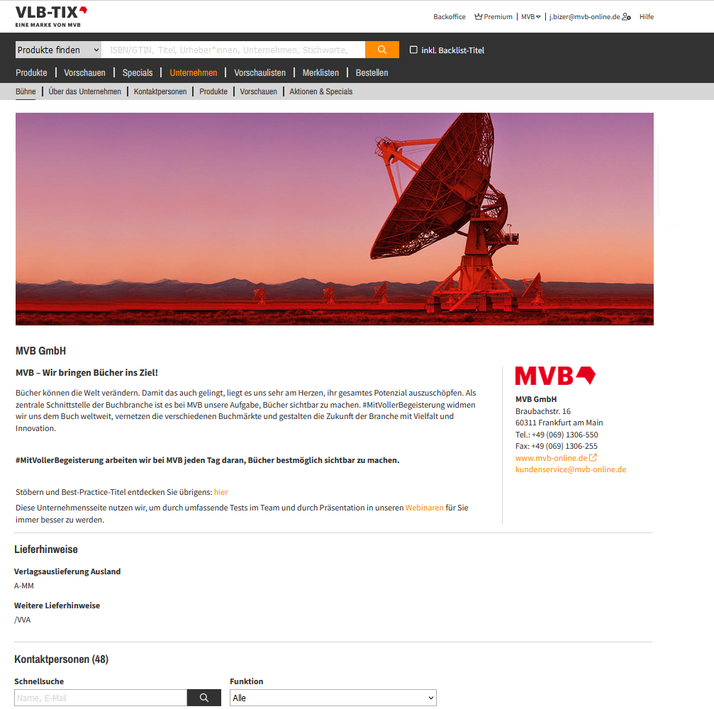 Screenshot der Unternehmensprofilseite von MVB GmbH auf VLB-TIX.