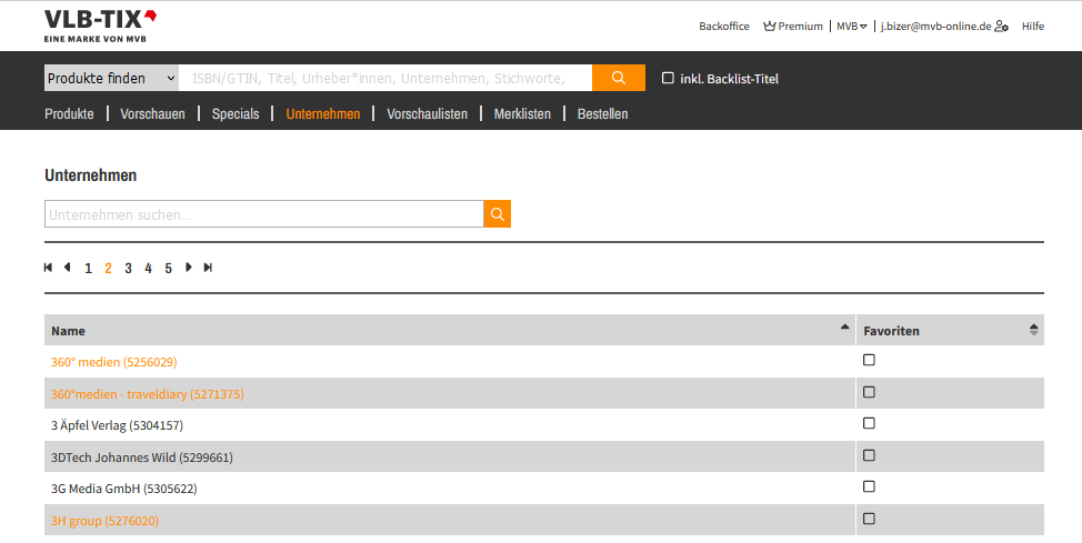 Screenshot nach Anklicken des Unternehmen-Menüpunktes auf VLB-TIX.