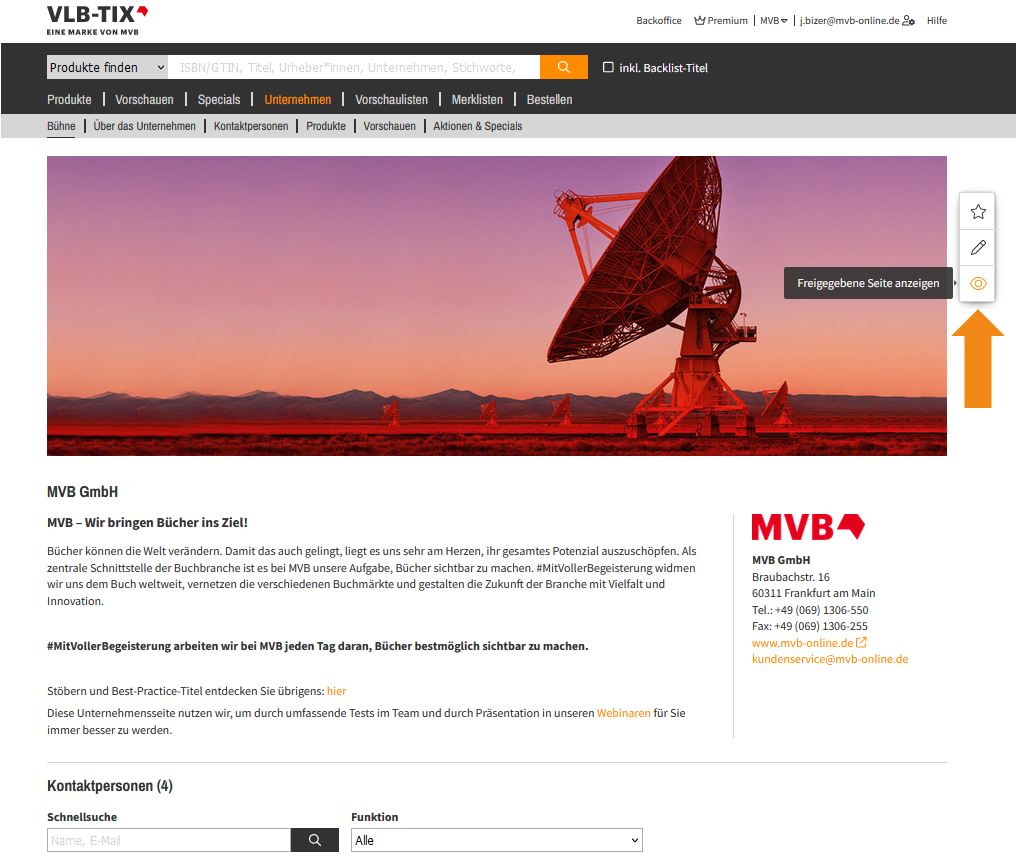Screenshot der freigegebenen Unternehmensprofilseite von MVB GmbH auf VLB-TIX.