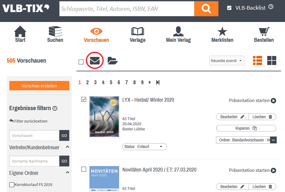 Screenshot der Oberfläche von vlbtix.de mit der Hervorhebung des Vorschauen versenden Symbols.