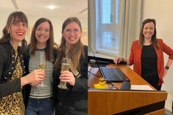 Der linke Teil zeigt drei Frauen mit Sekt in der Hand und der rechte Teil zeigt Daniela Oettl als Vortragende am Pult mit ihrem Equipment.