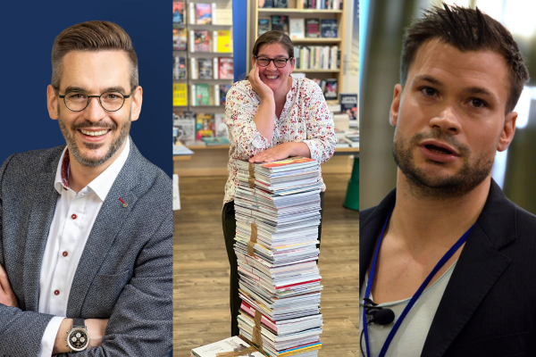Portrait von zwei Buchhandelsleitungen und einem Verleger