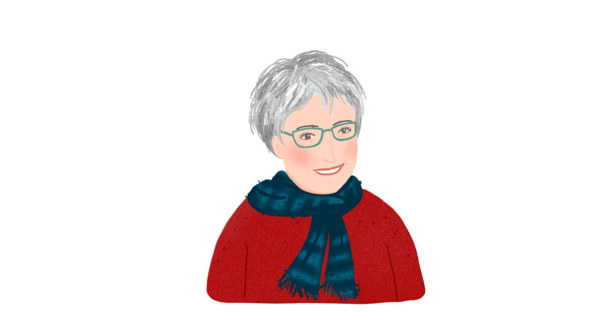 Die Zeichnung von Andrea Frei, einer Schweizer Buchhändlerin, in rotem Pullover, Schal und Brille.