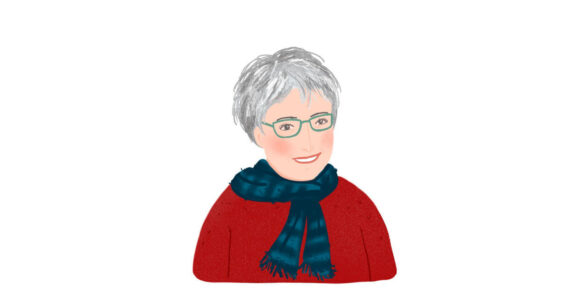 Die Zeichnung einer Buchhändlerin in rotem Pullover, Schal und Brille.