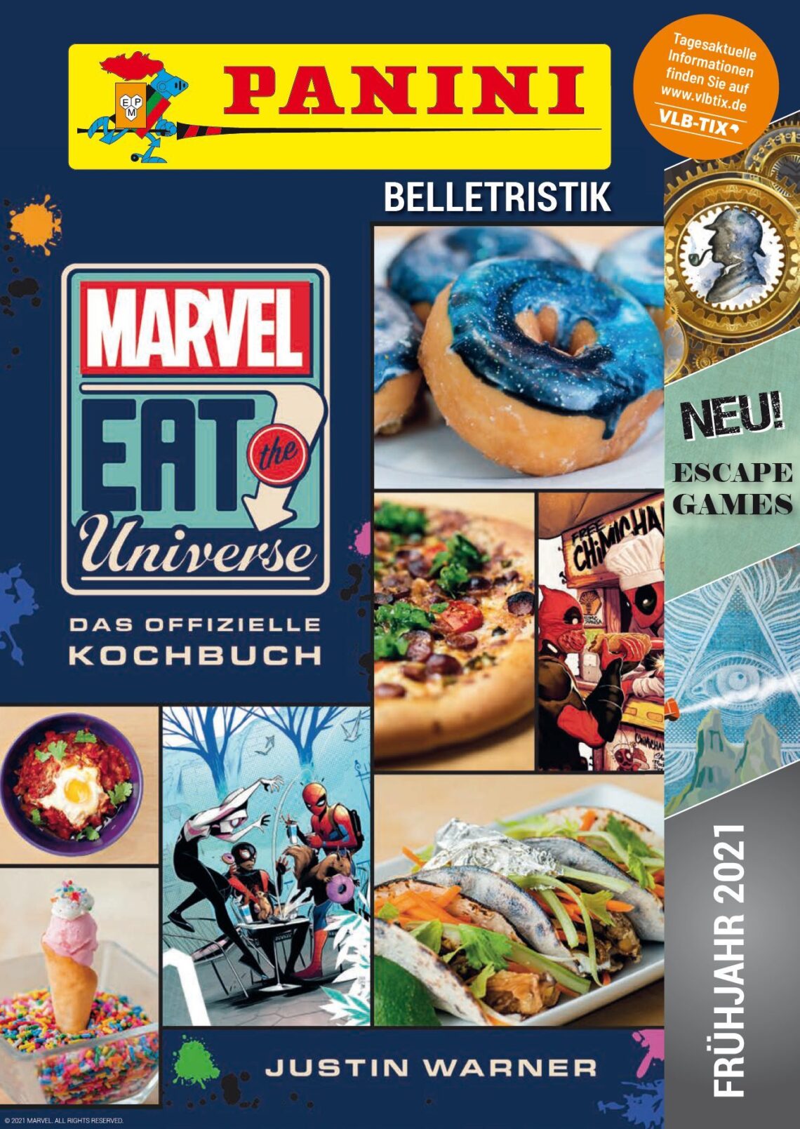 Das Marvel-Eat Universe zeigt verschiedene reale Gerichte angeordnet im collagenartigen Comicstyle.