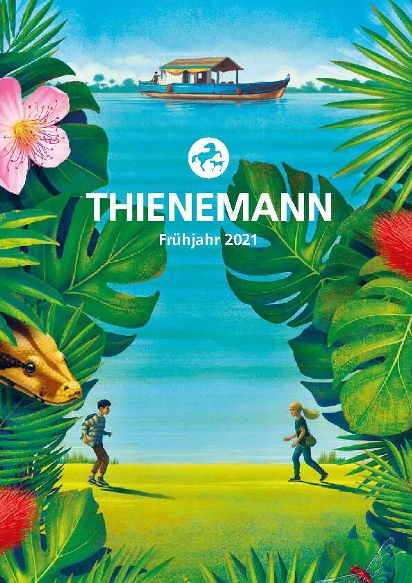 Im Hintergrund des Logos ist ein gemalter Blick durch eine Dschungel Hecke zeigt zwei Kinder am Rande eines Ufers mit Boot im Horizont.