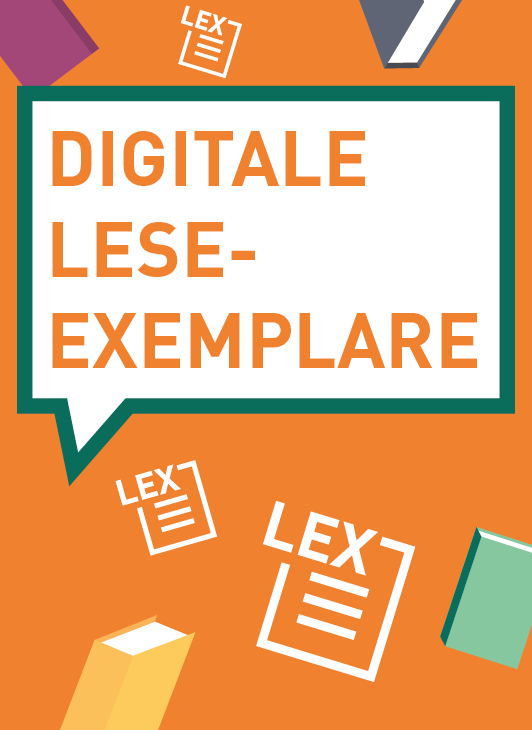 Digitale Leseexemplare in einer Sprechblase mit bunten Büchern außenherum.