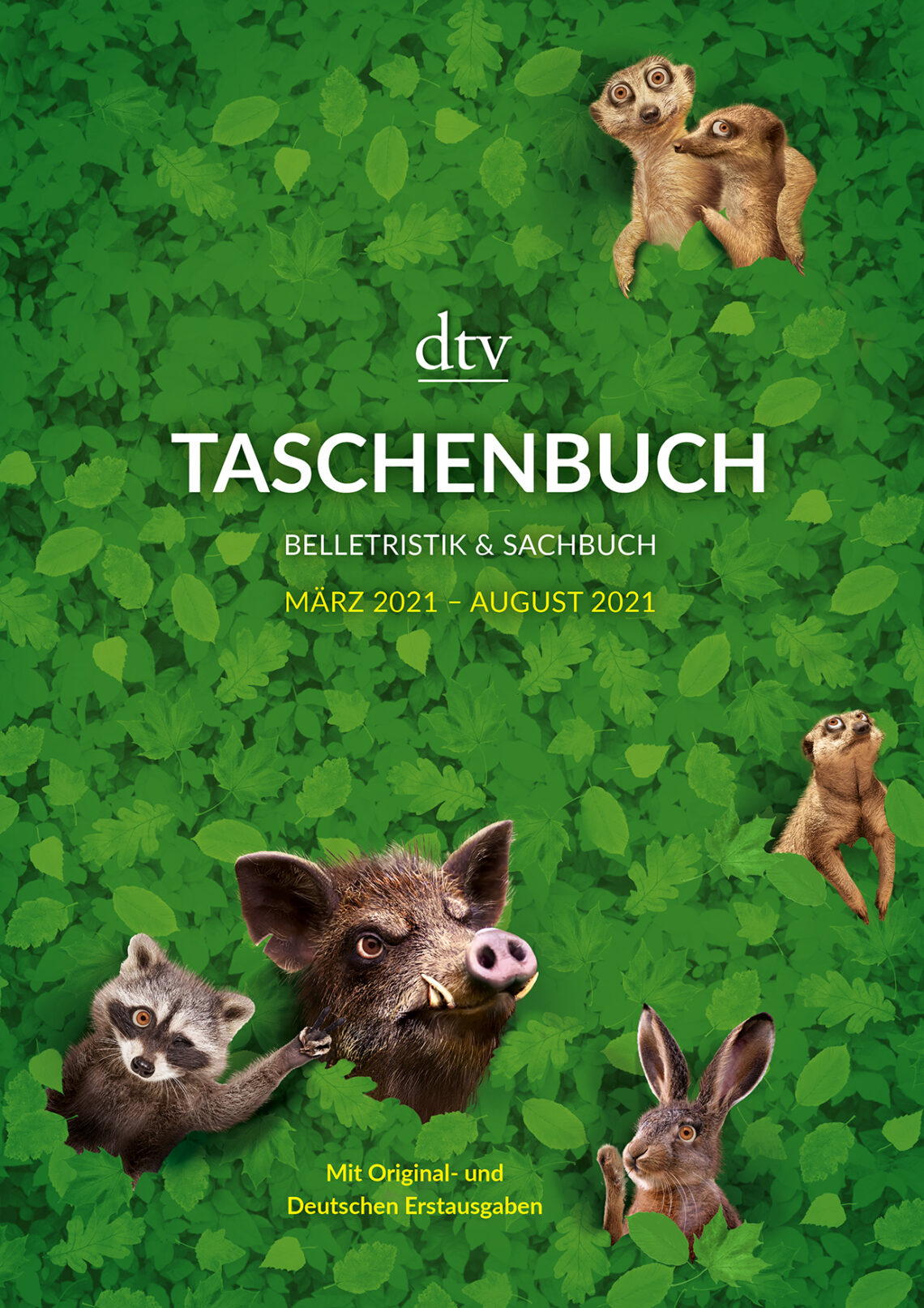 Im Hintergrund des Titels sind grüne Blätter, daraus schauen drei Erdmännchen, ein Hase, ein Wildschwein und ein Waschbär.